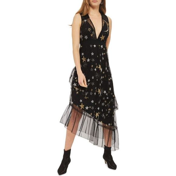 Topshop Embroidered Metallic Star Swiss Dot Plunge Neck Asymmetrical Midi Dress - Picture 2 of 10
